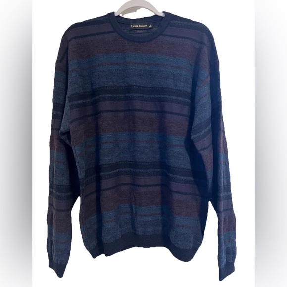 Lenor Romano Wool Blend Sweater Men’s Size L Crew Textured Dark Multi Stripe USA - Picture 1 of 7